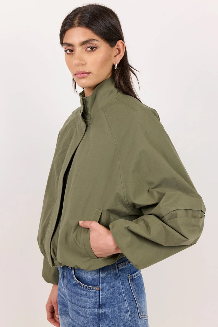 Trackside Khaki Funnel Neck  Bomber | Stories Be Told