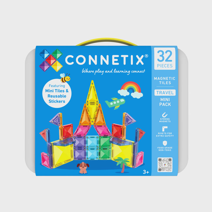 Connetix Travel Mini Pack toy set in a hard plastic carrying case with a bright blue front panel, showing colorful magnetic tiles and stickers, on a white background.
