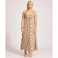 Woman wearing a eb & ive brown and white striped dress on a white background