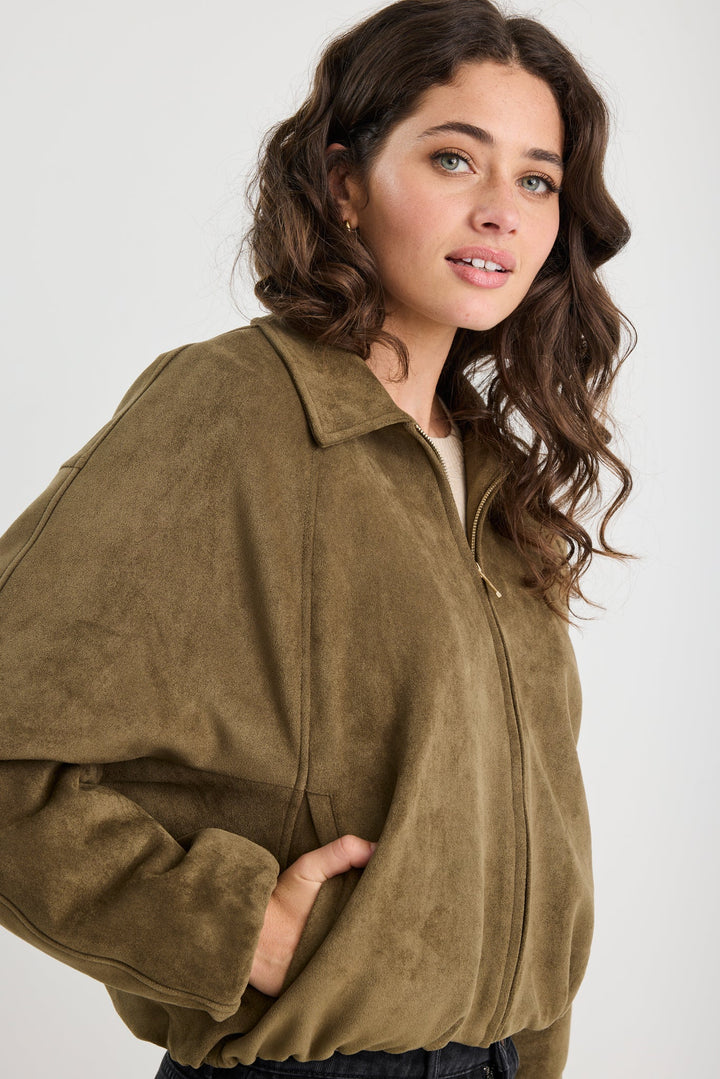Troupe Khaki Faux Suede Zip Through Bubble Hem Jacket