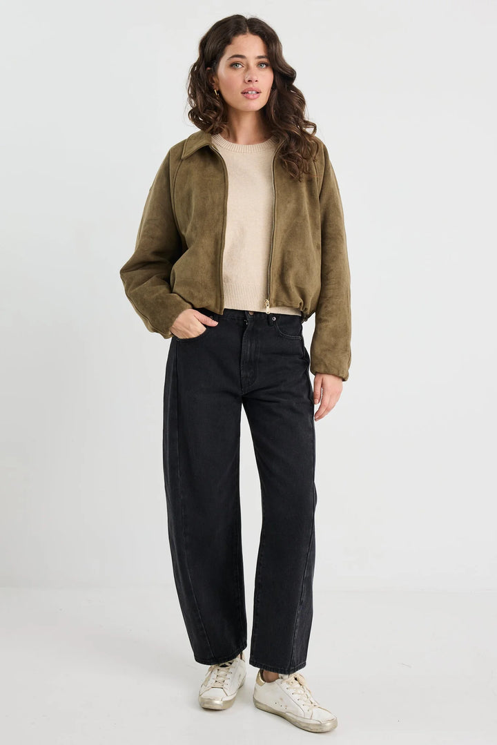 Troupe Khaki Faux Suede Zip Through Bubble Hem Jacket