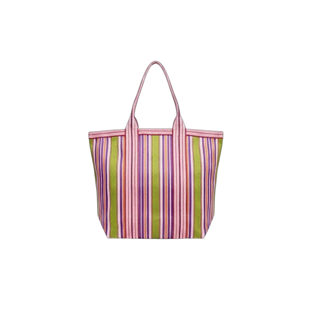 Striped tote bag with pink and green stripes on a white background