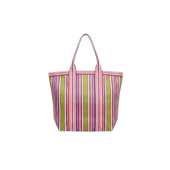 Striped tote bag with pink and green stripes on a white background
