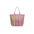 Striped tote bag with pink and green stripes on a white background