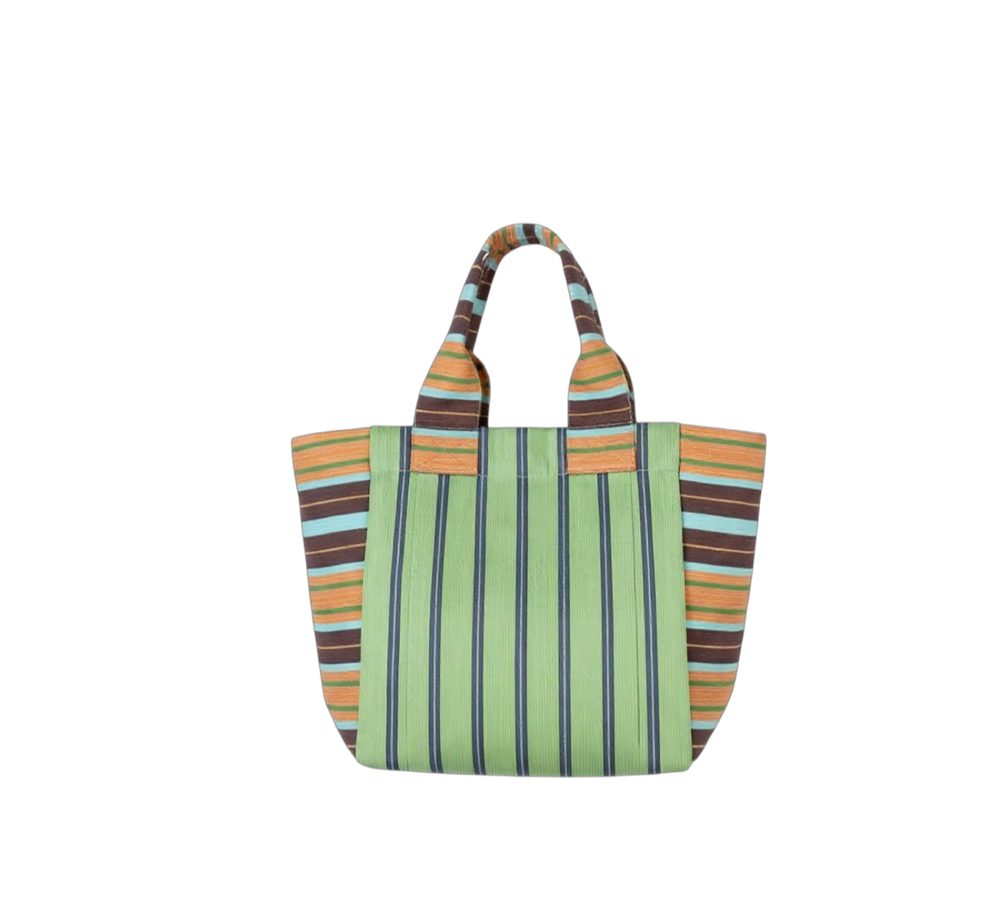 Striped tote bag with green, orange, and brown pattern on a white background