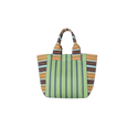 Striped tote bag with green, orange, and brown pattern on a white background