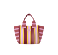 Striped tote bag with pink, yellow, and red pattern on a white background
