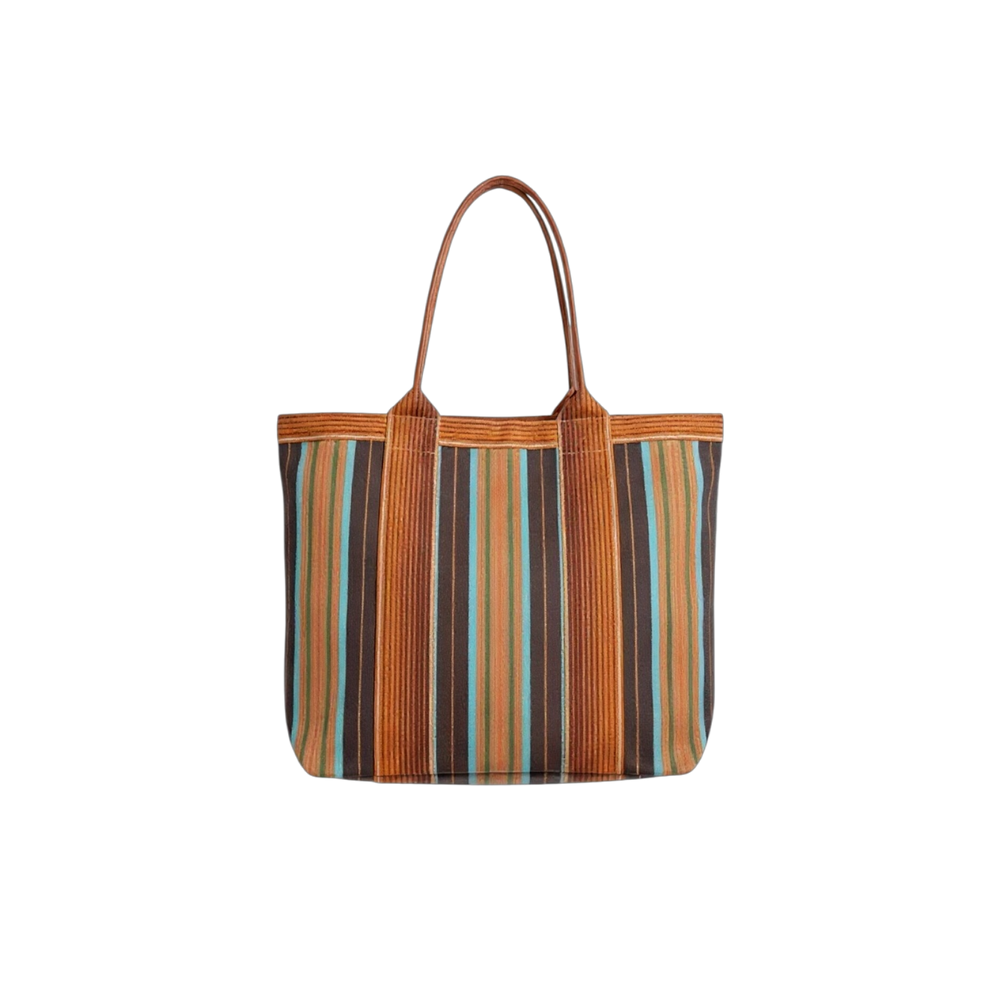Striped tote bag with brown handles on a white background