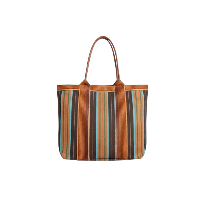 Striped tote bag with brown handles on a white background
