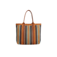 Striped tote bag with brown handles on a white background