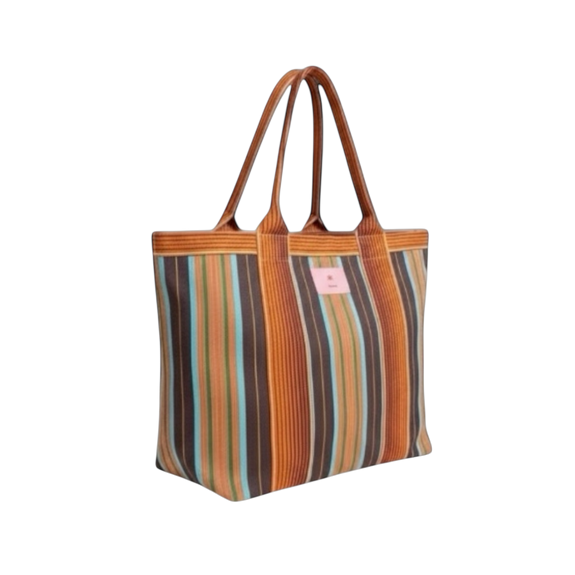 Striped tote bag with brown handles on a white background