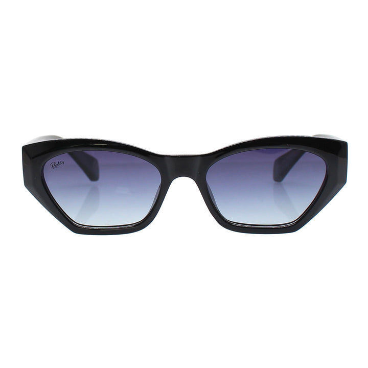 A pair of cat-eye sunglasses with a glossy black frame and gradient blue-to-purple lenses, shown against a plain white background.