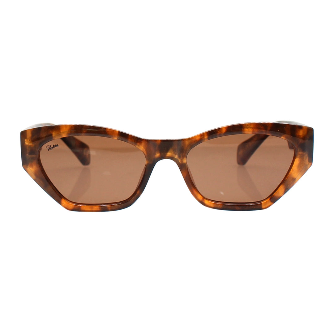 A pair of cat-eye sunglasses with a brown and black tortoiseshell frame and matching brown lenses, shown against a plain white background.