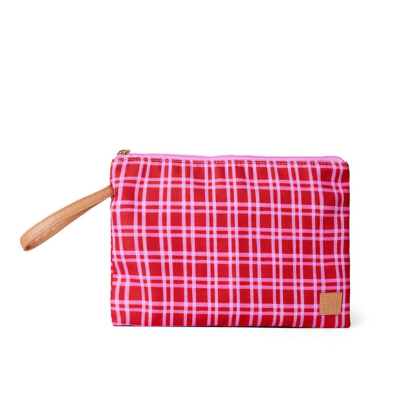 The Somewhere co Red plaid wet bag on a white background