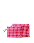 The Somewhere co Red plaid pouch with a strap on a white background