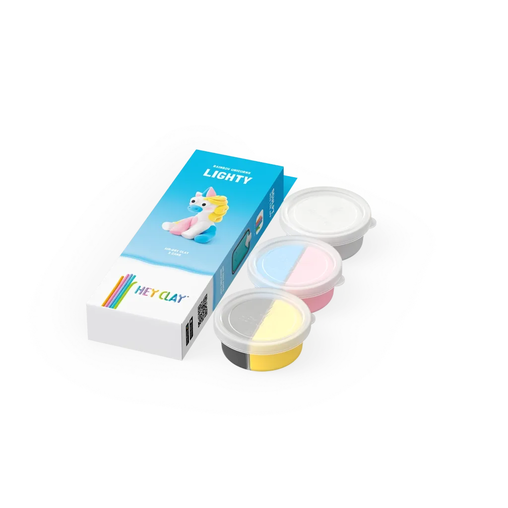 Set of colorful clay containers with packaging on a white background