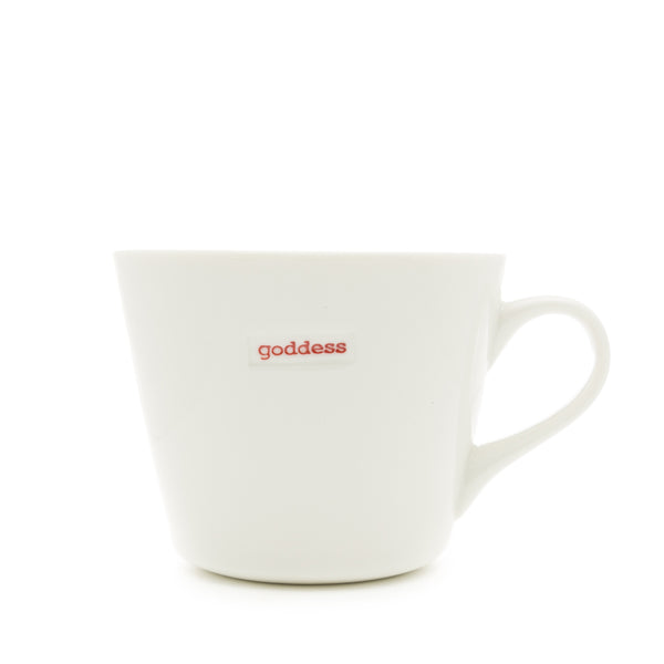 White mug with 'goddess' text in red on a white background