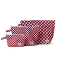 Set of three red and white checkered pouches on a white background