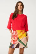 Woman wearing a red top and colorful skirt on a white background