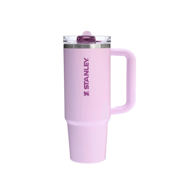 Pink Stanley mug with handle on a white background