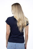 Person wearing a navy blue t-shirt on a white background