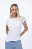 Woman wearing a plain white t-shirt and light blue jeans on a white background