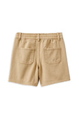 Beige shorts with two front pockets on a white background