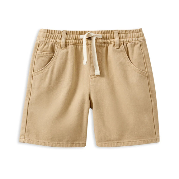Beige shorts with a drawstring on a white background