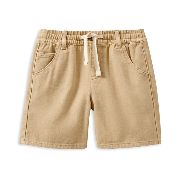 Beige shorts with a drawstring on a white background