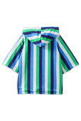 Striped children's hoodie with green, blue, and white colors on a white background