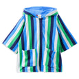 Striped hoodie with blue, green, and white colors on a white background