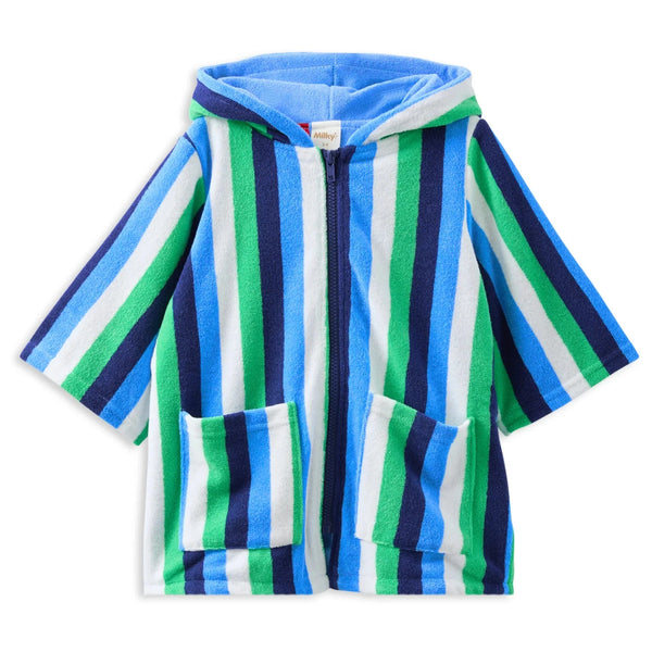 Striped hoodie with blue, green, and white colors on a white background