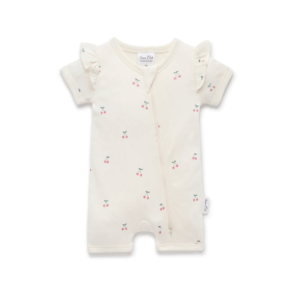 Baby romper with cherry pattern on a white background