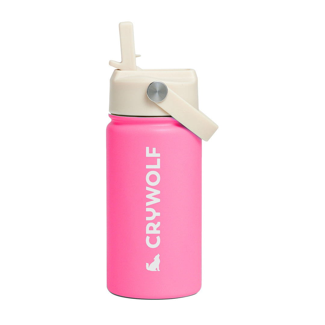 Pink water bottle with beige lid and straw on a white background