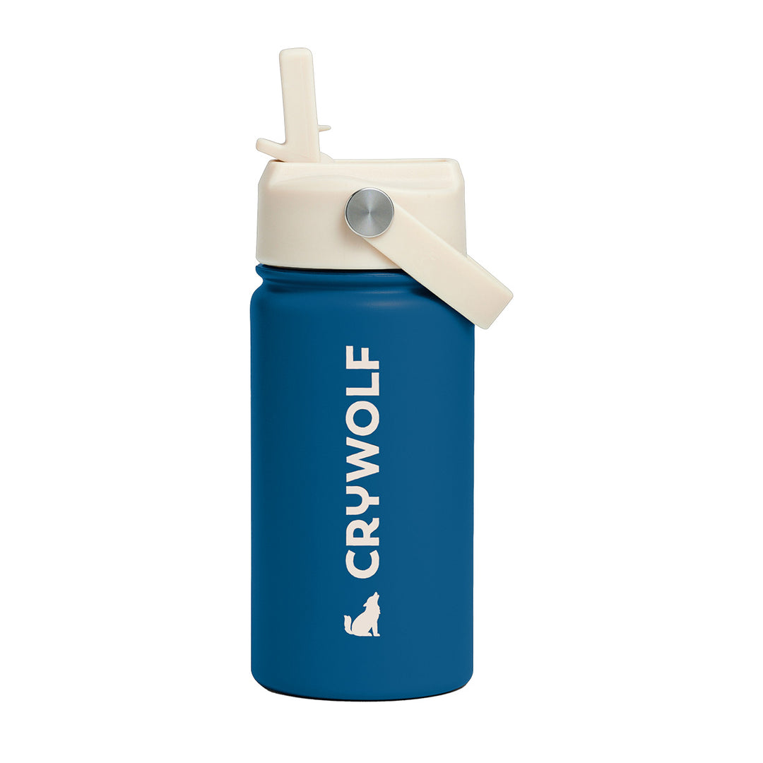 Blue water bottle with white lid and 'Crywolf' branding on a white background