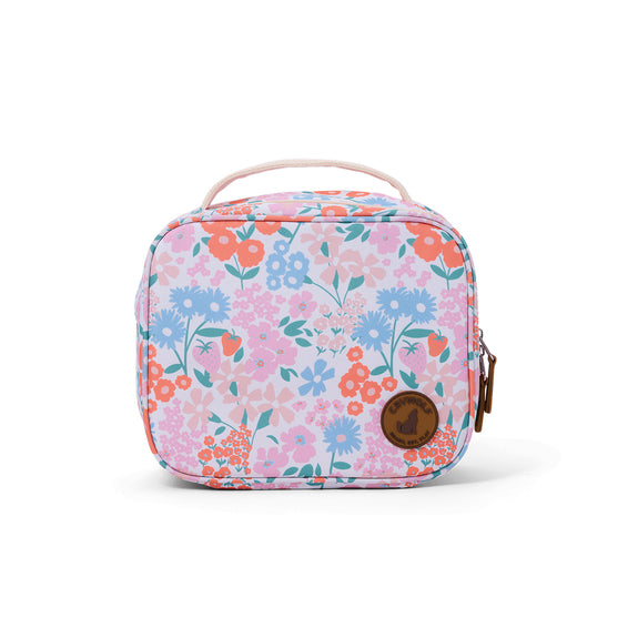 Floral-patterned lunch bag on a white background