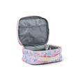 Floral-patterned travel bag with open compartment on a white background