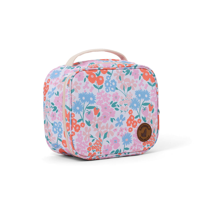 Floral patterned lunch bag on a white background