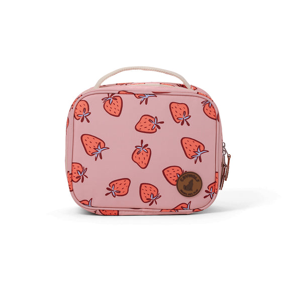 Pink lunch bag with strawberry pattern on a white background