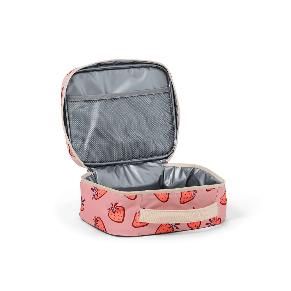 Pink lunch bag with strawberry pattern on a white background