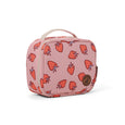 Pink lunch bag with strawberry pattern on a white background