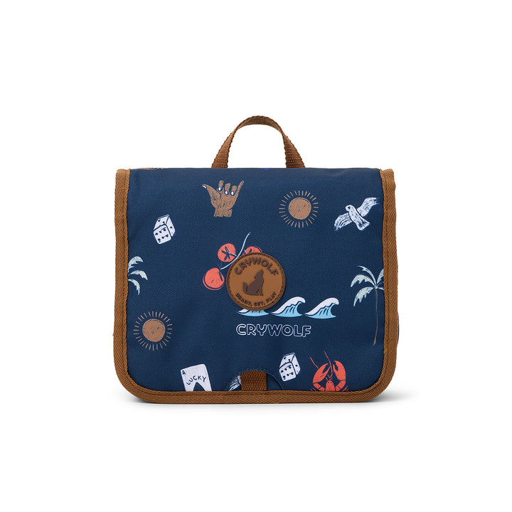 Navy blue toilet bag with colorful patterns and 'Crywolf' branding on a white background