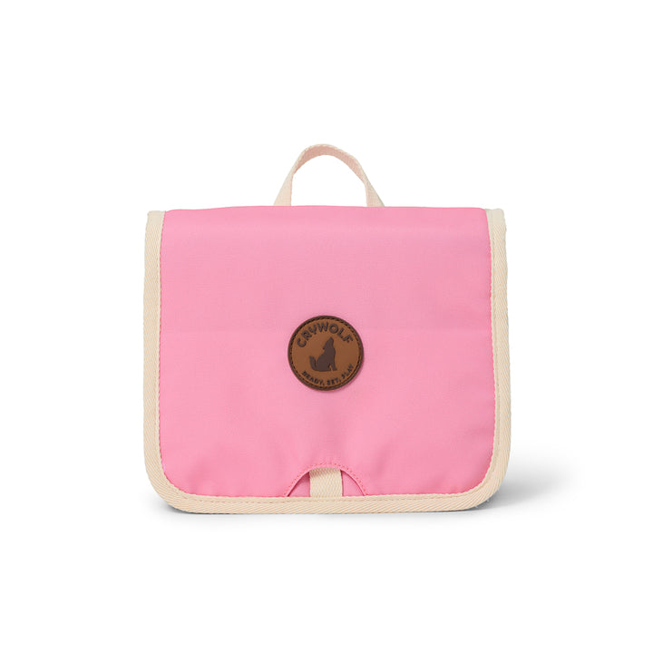 Pink toilet bag with a brand logo on a white background