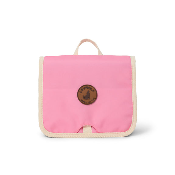 Pink toilet bag with a brand logo on a white background