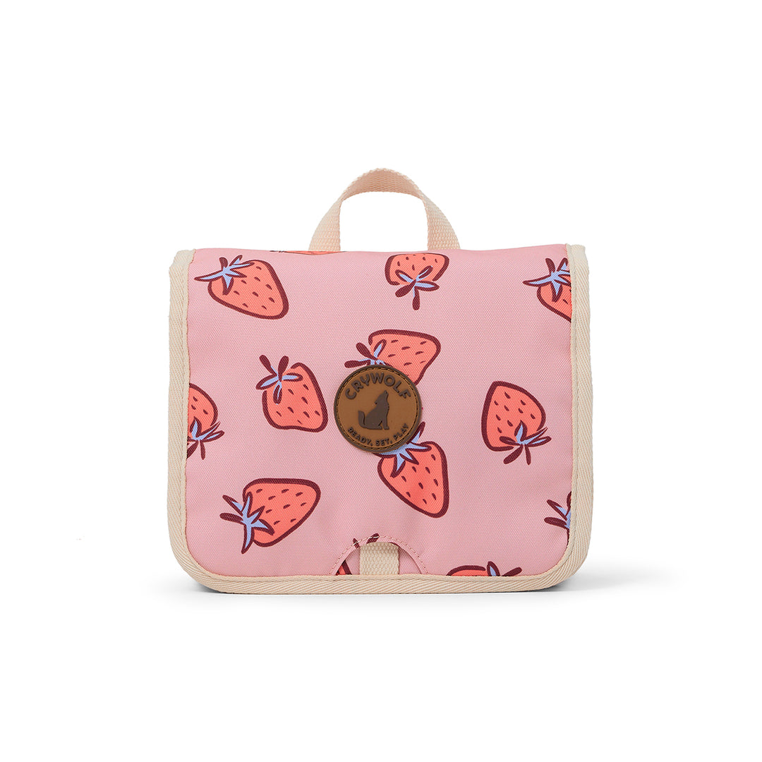 Pink Toilet bag with strawberry pattern on a white background
