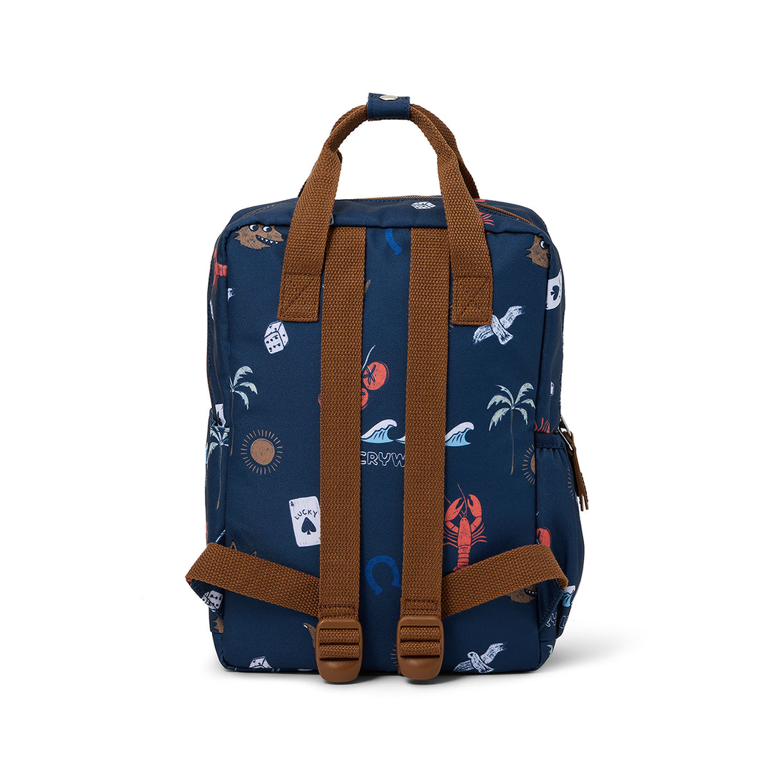Navy blue backpack with brown straps and a colorful pattern on a white background