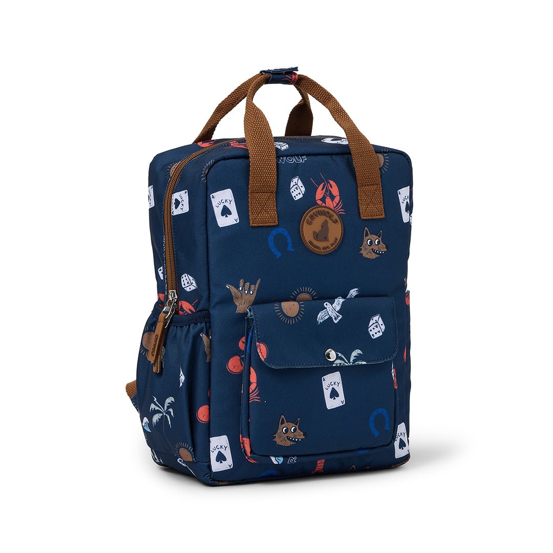 Navy blue backpack with animal pattern and brown handles on a white background