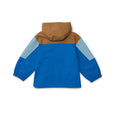 Blue and brown jacket with a hood on a white background