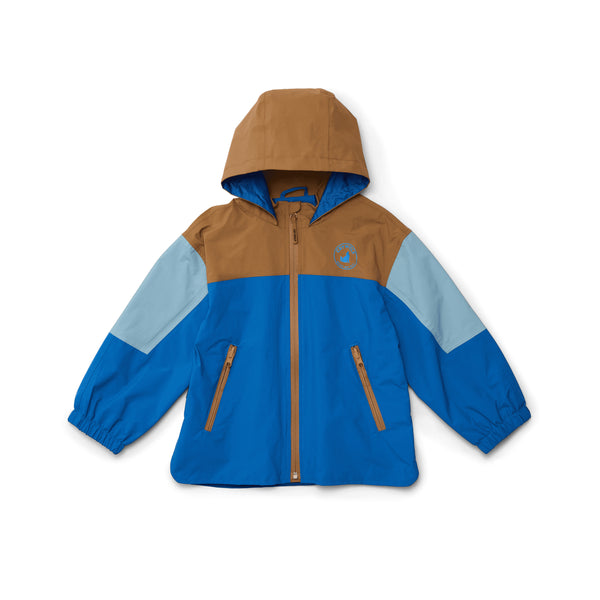 Color-blocked jacket with brown, blue, and light blue sections on a white background