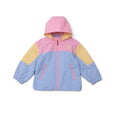 Color-blocked jacket with pink, yellow, and blue on a white background